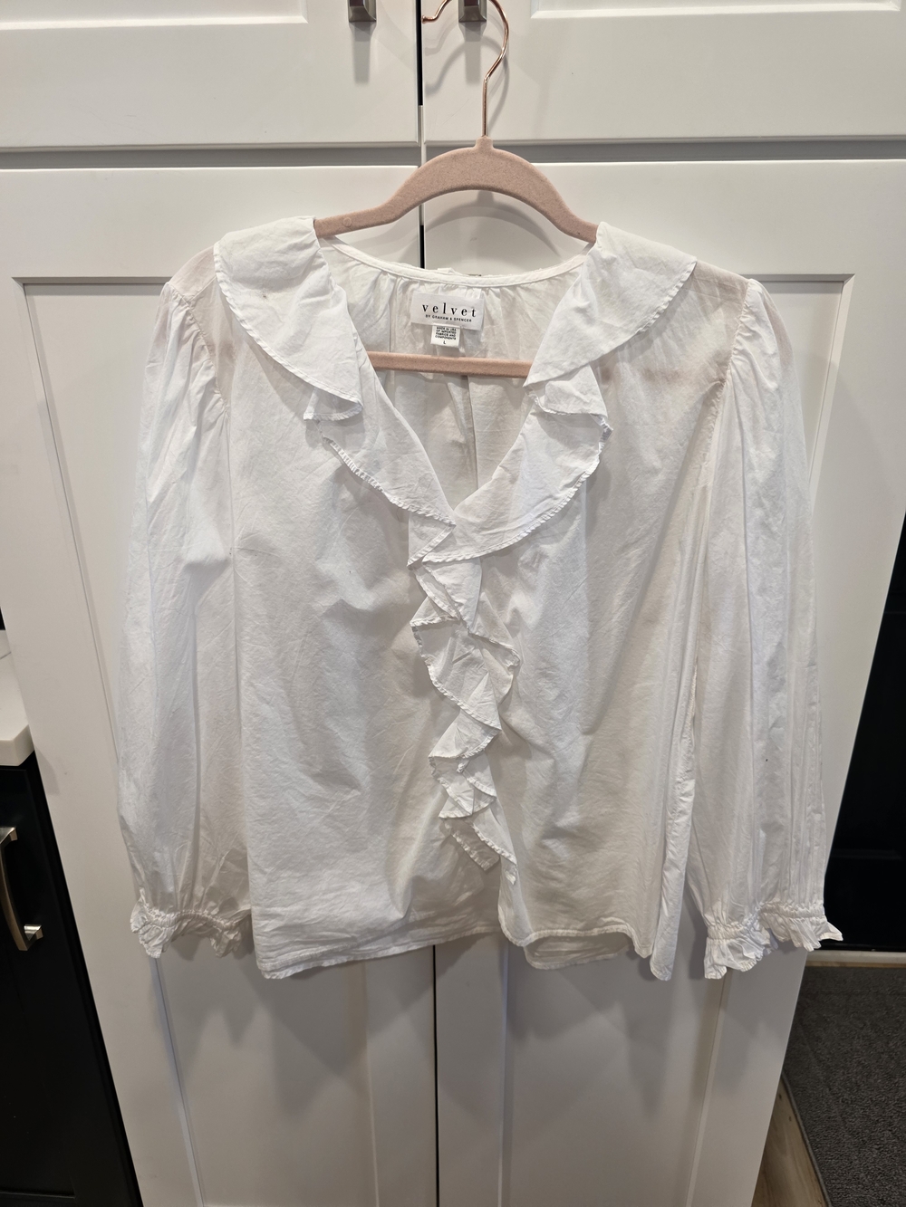 Velvet White Ruffle-Front Long Sleeve Blouse